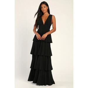 NWT Lulus Amazing Evening Black Tiered Maxi Dress Bridesmaid Wedding Prom Sz L